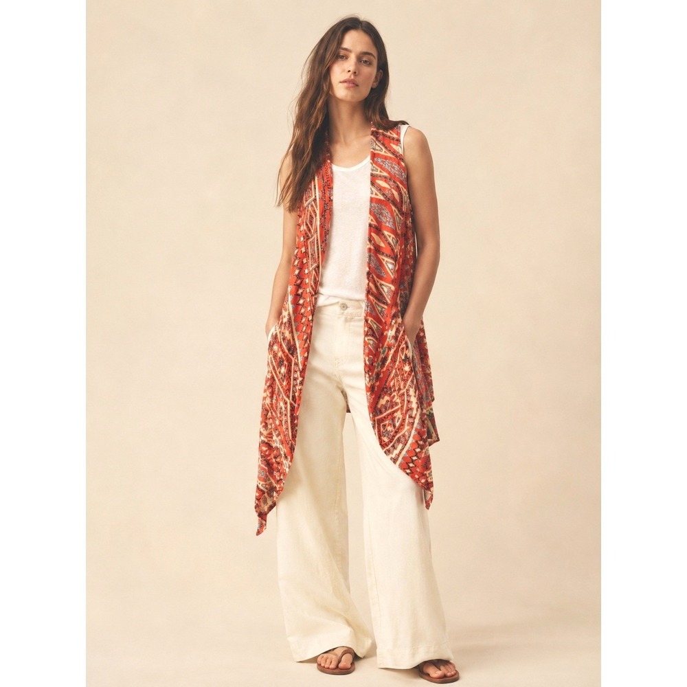 Boho Tribal Print Draped Open Front Waterfall Vest Cardigan Size Small S EUC
